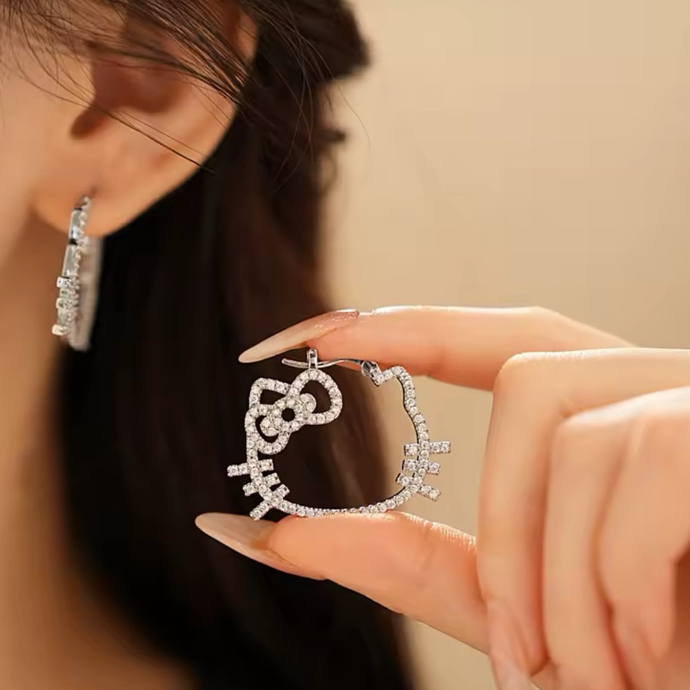 18K White Gold Hello Kitty Hoop Earrings With Diamond Inlays Sanrio Kawaii - Picture 4 of 7